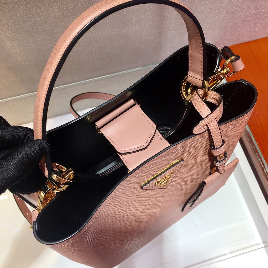 Prada Medium Panier Saffiano Leather Bag Powder Pink/Black 1BA212